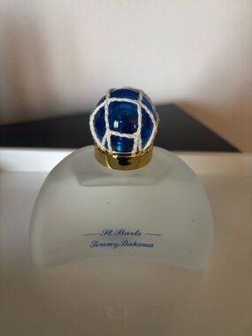Tommy Bahama Frosted Bottle with Blue Glass Stopper and Gold Collar